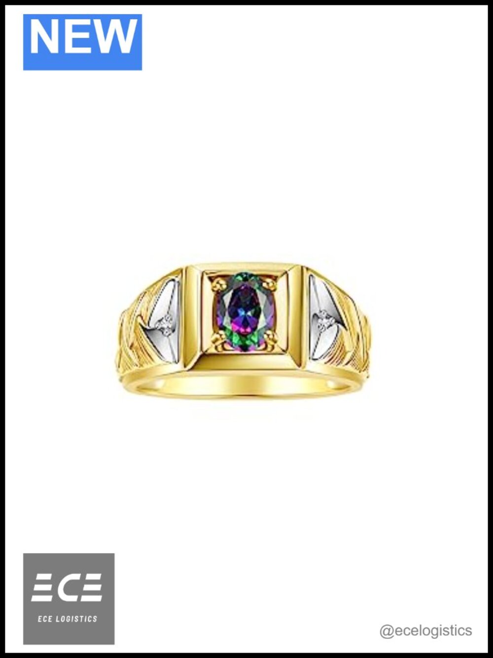 Men's Yellow Gold Plated Silver Ring Oval Gemstone Diamond Weave Band